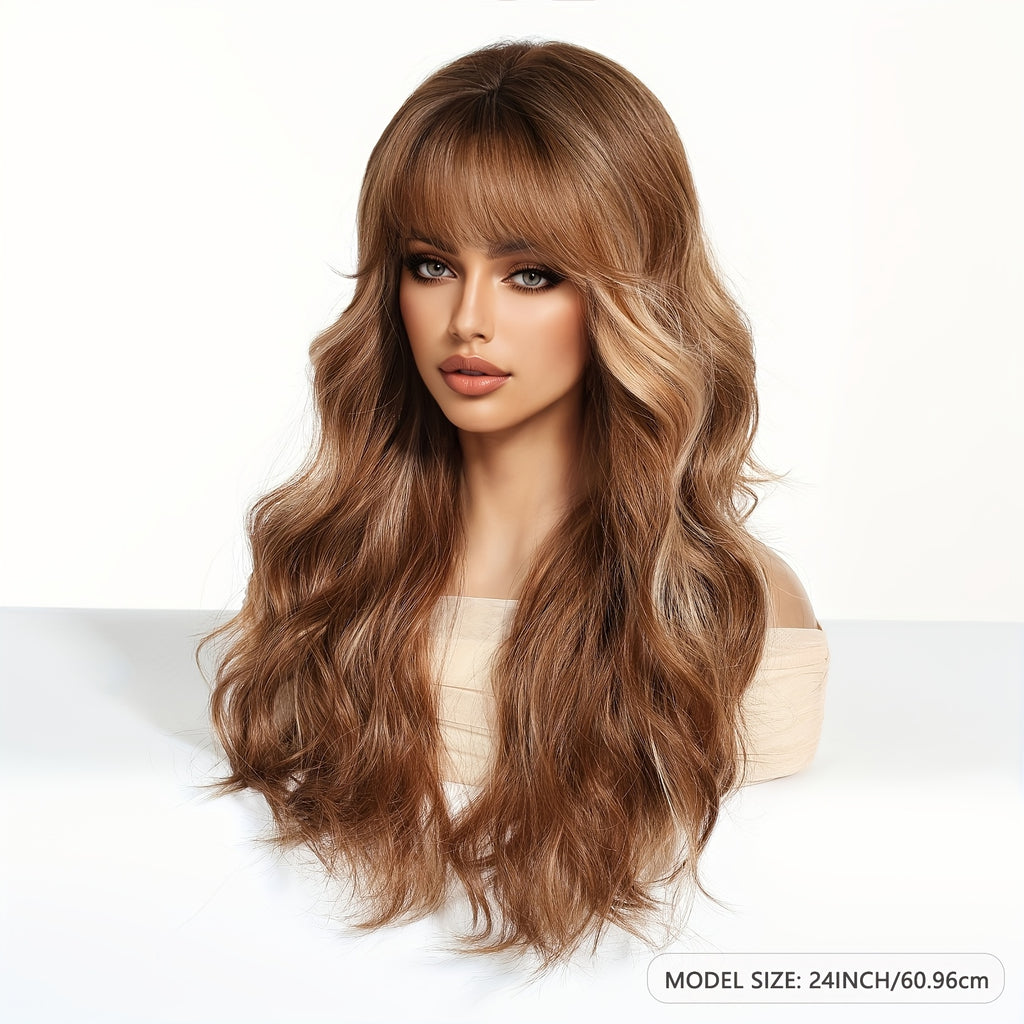 Long Brown Highlight Wavy Bob Wave Wig with Bangs - Beginner Friendly, Women's Fashionable Elegant Style, High Temperature Synthetic Fiber, for Woman Daily, Party, Work, Vacation, Valentine's Day, Carnivals, Cosplay, Music Festivals