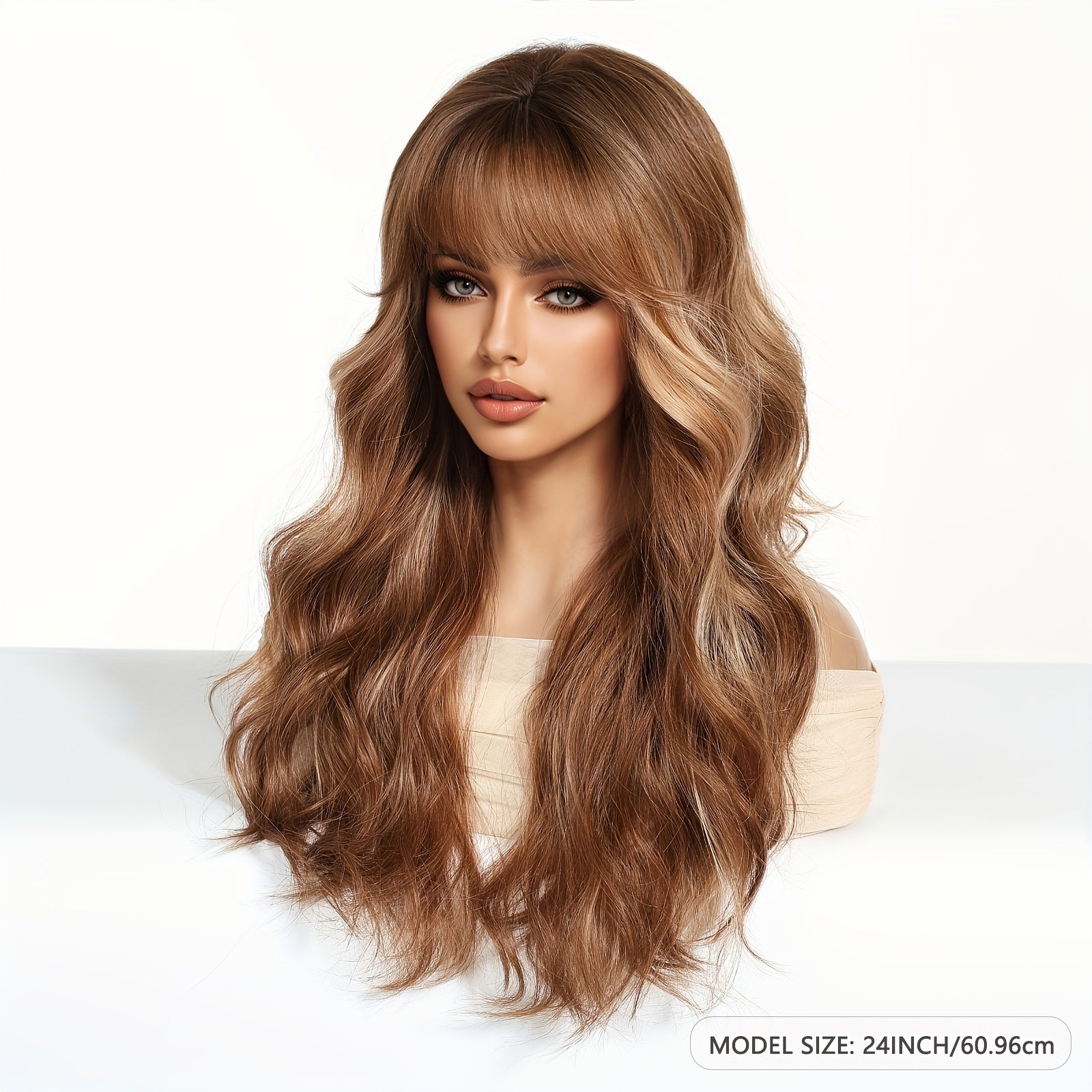 Long Brown Highlight Wavy Bob Wave Wig with Bangs - Beginner Friendly, Women's Fashionable Elegant Style, High Temperature Synthetic Fiber, for Woman Daily, Party, Work, Vacation, Valentine's Day, Carnivals, Cosplay, Music Festivals