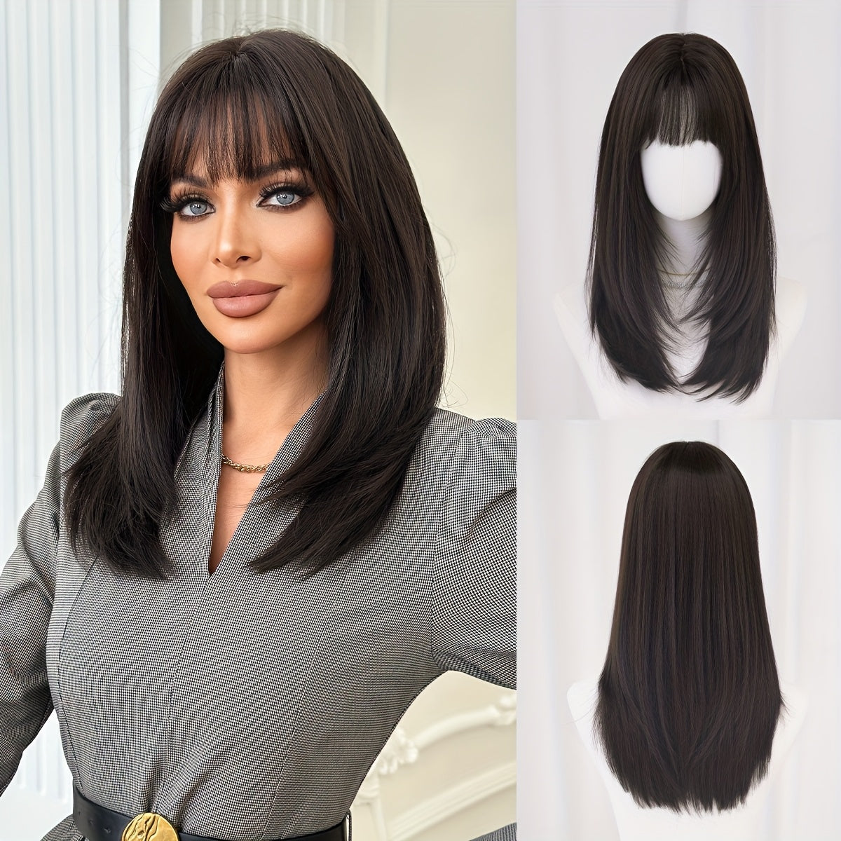 NAMM Shoulder Length Straight Dark Brown Wig for Women | Modest Fashion Wear and Go Black Tea Wigs with Neat Bangs, High Density Synthetic Layered Heat-Resistant Fiber, Fake Hair, Glueless, Cosplay Party Wigs 20Inches