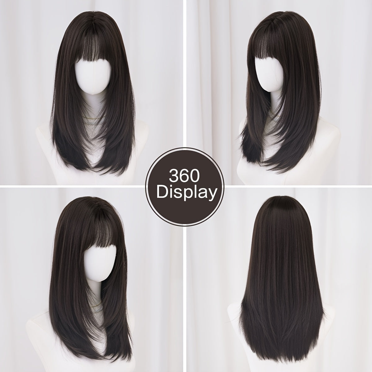 NAMM Shoulder Length Straight Dark Brown Wig for Women | Modest Fashion Wear and Go Black Tea Wigs with Neat Bangs, High Density Synthetic Layered Heat-Resistant Fiber, Fake Hair, Glueless, Cosplay Party Wigs 20Inches