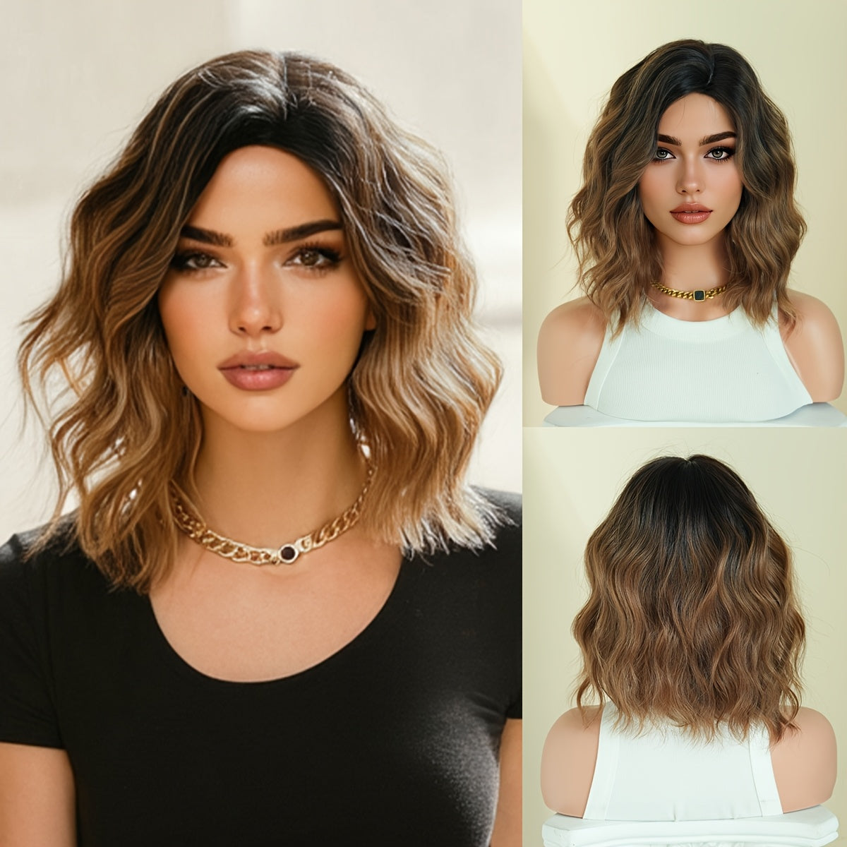 NAMM Short Water Wave Golden Brown Wig for Women Modest Fashion Middle Part Wear and Go Copper Wigs with Dark Roots High Density Synthetic Heat-Resistant Fiber Fake Hair Wear Beginners Glueless Wig Cosplay Party Wigs 12Inches