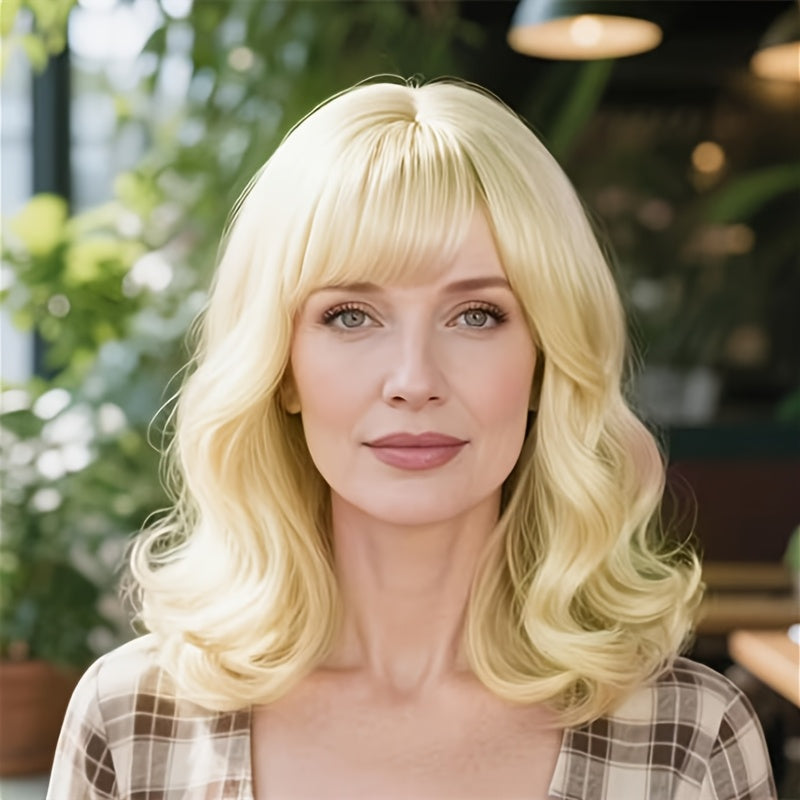 Perfect for Mid-life Commuters! 12-inch Bright Yellow Short Wavy Curls with Lively-toned Eyebrow-length Bangs. Pairs Well with a Knitted Cardigan for a Gentle Look, Effortless for Workday Styling