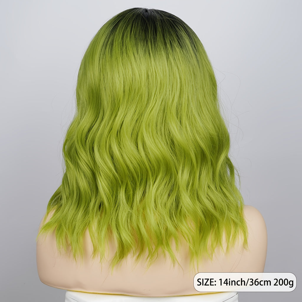 14-Inch Green Wig with Dark Roots, Featuring an Ombre Effect. This Short, Curly, Wavy Wig Has a Middle Part And Is Made from Heat-Resistant Synthetic Hair, Perfect for Daily Wear, Cosplay, Or Parties