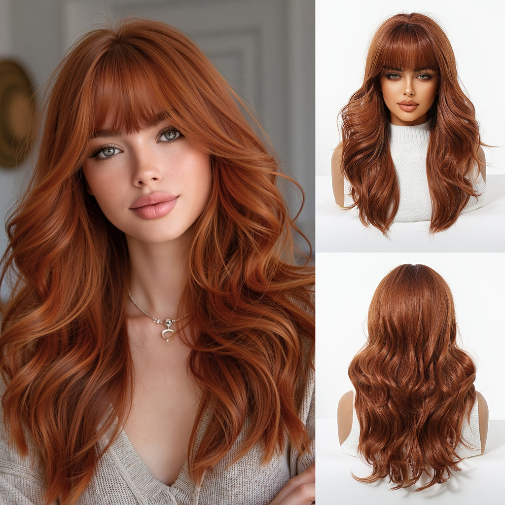 20-inch Women'S Dirty Orange Air Curtain Long Curly Synthetic High-Temperature Fiber Rose Net Full Head Wig | Deep Wave, Playful and Suitable for Work, School, Makeup, and Cosplay, Beginner-Friendly