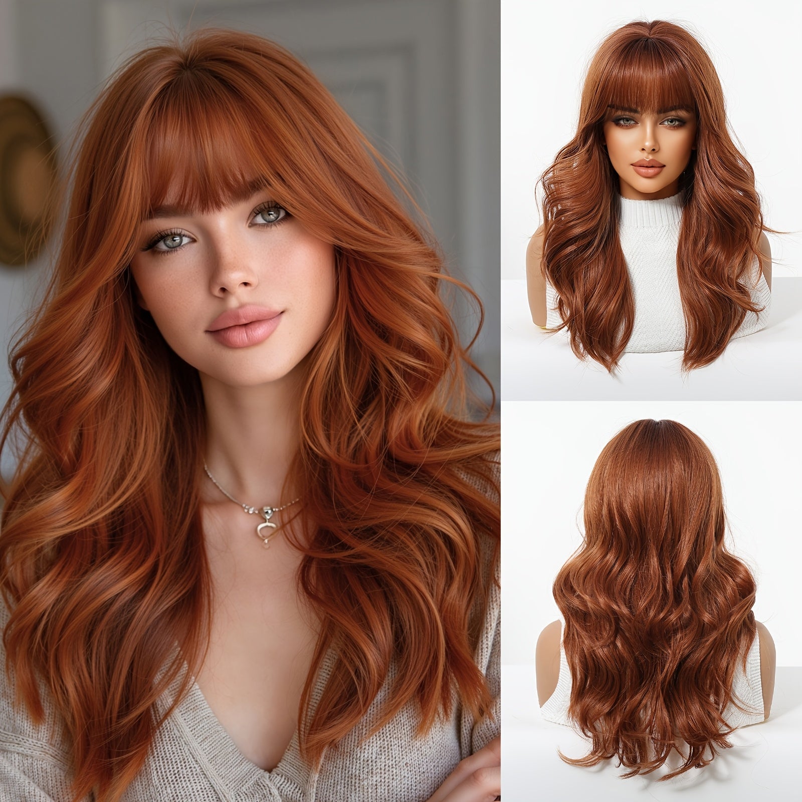 20-inch Women'S Dirty Orange Air Curtain Long Curly Synthetic High-Temperature Fiber Rose Net Full Head Wig | Deep Wave, Playful and Suitable for Work, School, Makeup, and Cosplay, Beginner-Friendly