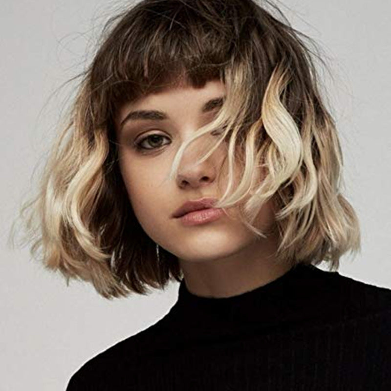 European Beautiful Woman Water Ripple Short Curly Hair with Bangs | Brown Gradual Change Chemical Fiber Wig Headgear, High Temperature Material, Universal Size