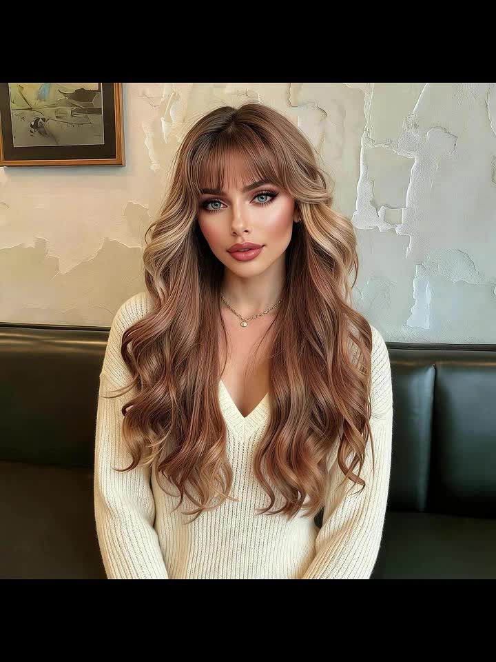 Long Brown Highlight Wavy Bob Wave Wig with Bangs - Beginner Friendly, Women's Fashionable Elegant Style, High Temperature Synthetic Fiber, for Woman Daily, Party, Work, Vacation, Valentine's Day, Carnivals, Cosplay, Music Festivals