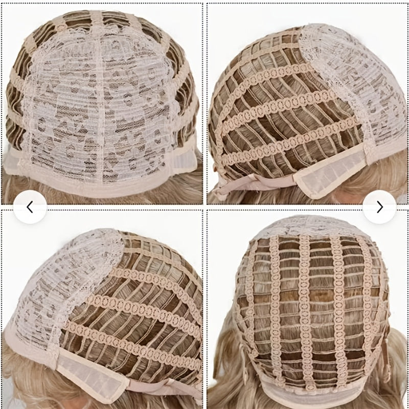 Perfect for Mid-life Commuters! 12-inch Bright Yellow Short Wavy Curls with Lively-toned Eyebrow-length Bangs. Pairs Well with a Knitted Cardigan for a Gentle Look, Effortless for Workday Styling