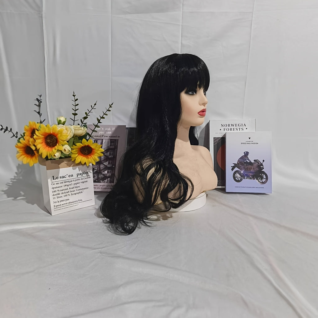 28-inch Black Wavy Long Curly Wig with Bangs, Elegant and Fashionable, Natural Looking, Suitable for Daily Wear, Parties, Festivals, Christmas, Halloween, Carnival, Music Parties, etc. A Beautiful Women's Wig
