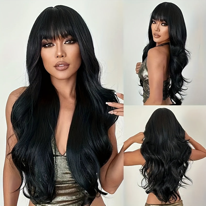 28-inch Black Wavy Long Curly Wig with Bangs, Elegant and Fashionable, Natural Looking, Suitable for Daily Wear, Parties, Festivals, Christmas, Halloween, Carnival, Music Parties, etc. A Beautiful Women's Wig