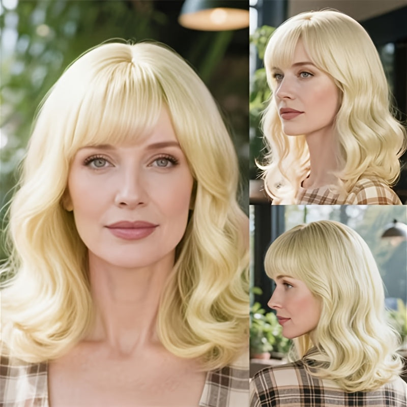 Perfect for Mid-life Commuters! 12-inch Bright Yellow Short Wavy Curls with Lively-toned Eyebrow-length Bangs. Pairs Well with a Knitted Cardigan for a Gentle Look, Effortless for Workday Styling