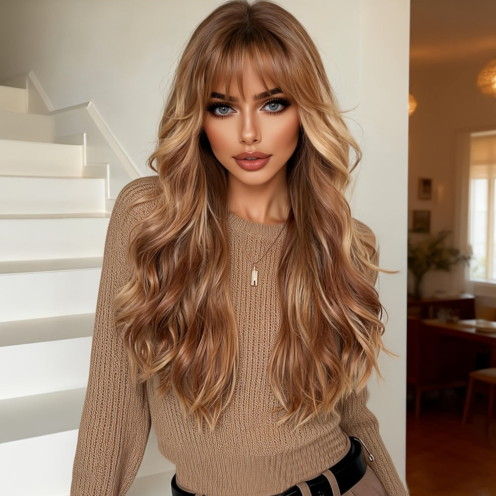 Long Brown Highlight Wavy Bob Wave Wig with Bangs - Beginner Friendly, Women's Fashionable Elegant Style, High Temperature Synthetic Fiber, for Woman Daily, Party, Work, Vacation, Valentine's Day, Carnivals, Cosplay, Music Festivals