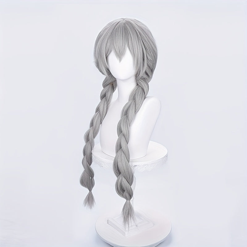 28-inch Cute and Pretty Silvery-Gray Double Braided Wig | Suitable for Daily Dates, Halloween, Christmas, and Party Full Head Cover