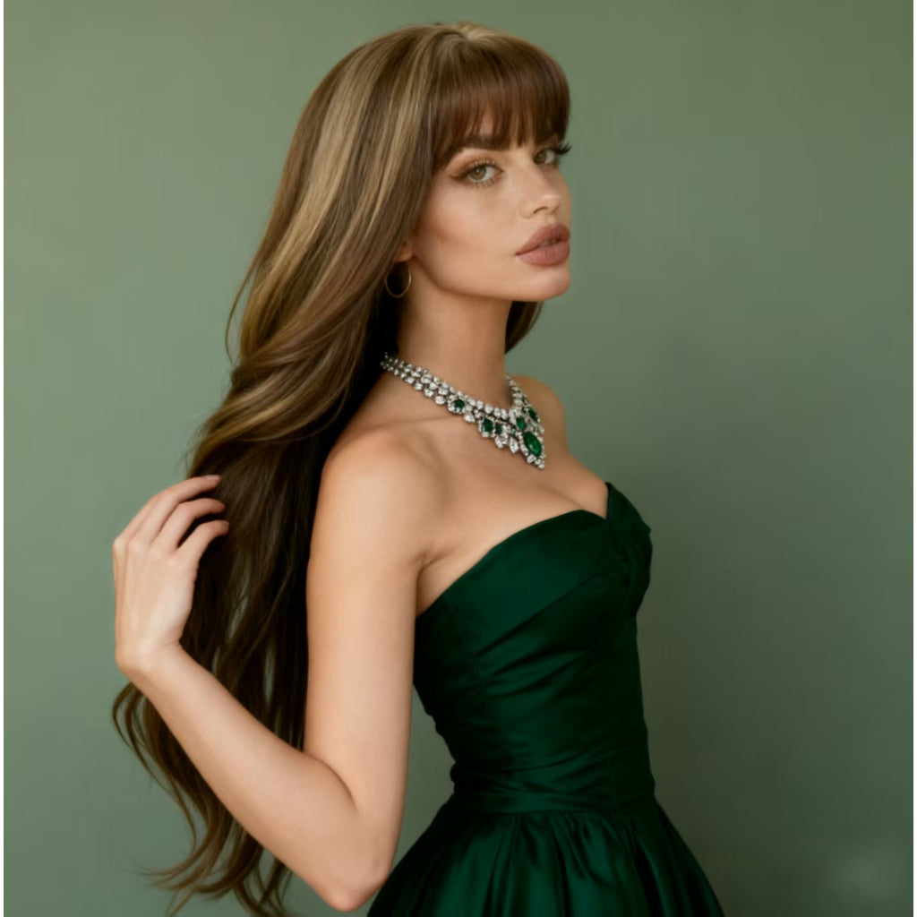 30 Inch Ladies Elegant Gradient Brown Wig Long Wavy Curly Hair Wigs with Bangs for Women Synthetic Fiber Hair Replacement Wigs for Daily Party Use Suitable for Traveling, Party Gathering, Easter, Mother's Day And Christmas Gift And So On, Travel Hair