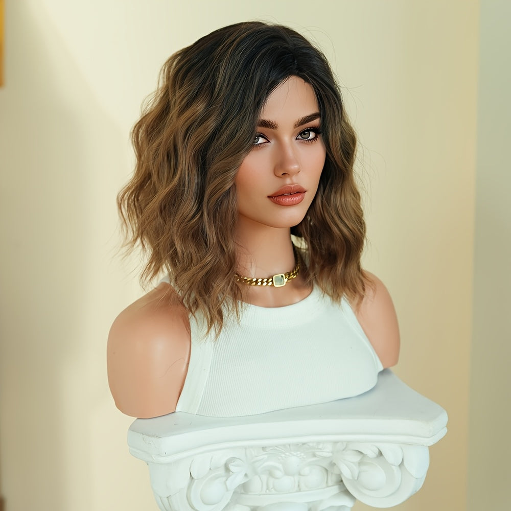 NAMM Short Water Wave Golden Brown Wig for Women Modest Fashion Middle Part Wear and Go Copper Wigs with Dark Roots High Density Synthetic Heat-Resistant Fiber Fake Hair Wear Beginners Glueless Wig Cosplay Party Wigs 12Inches