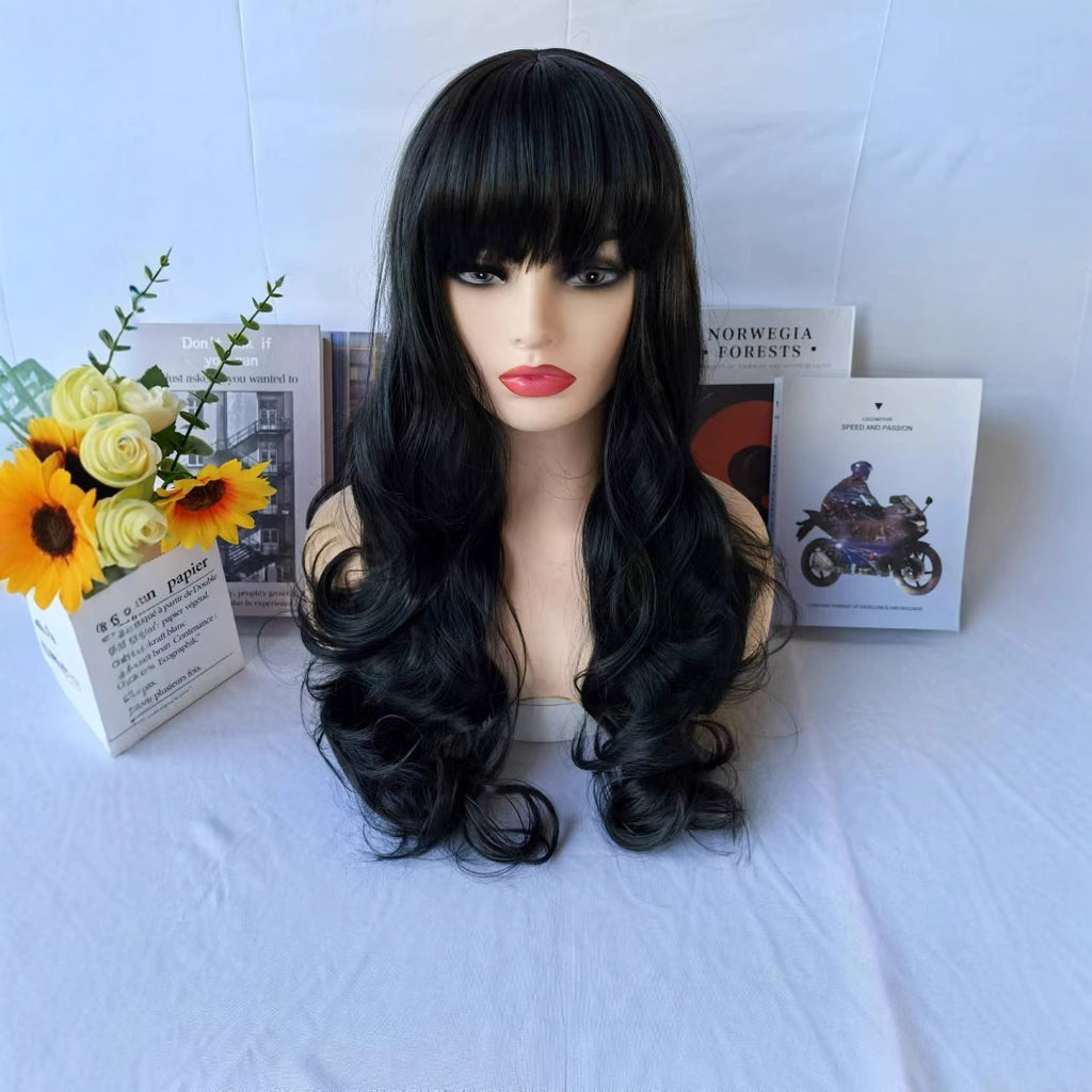 28-inch Black Wavy Long Curly Wig with Bangs, Elegant and Fashionable, Natural Looking, Suitable for Daily Wear, Parties, Festivals, Christmas, Halloween, Carnival, Music Parties, etc. A Beautiful Women's Wig